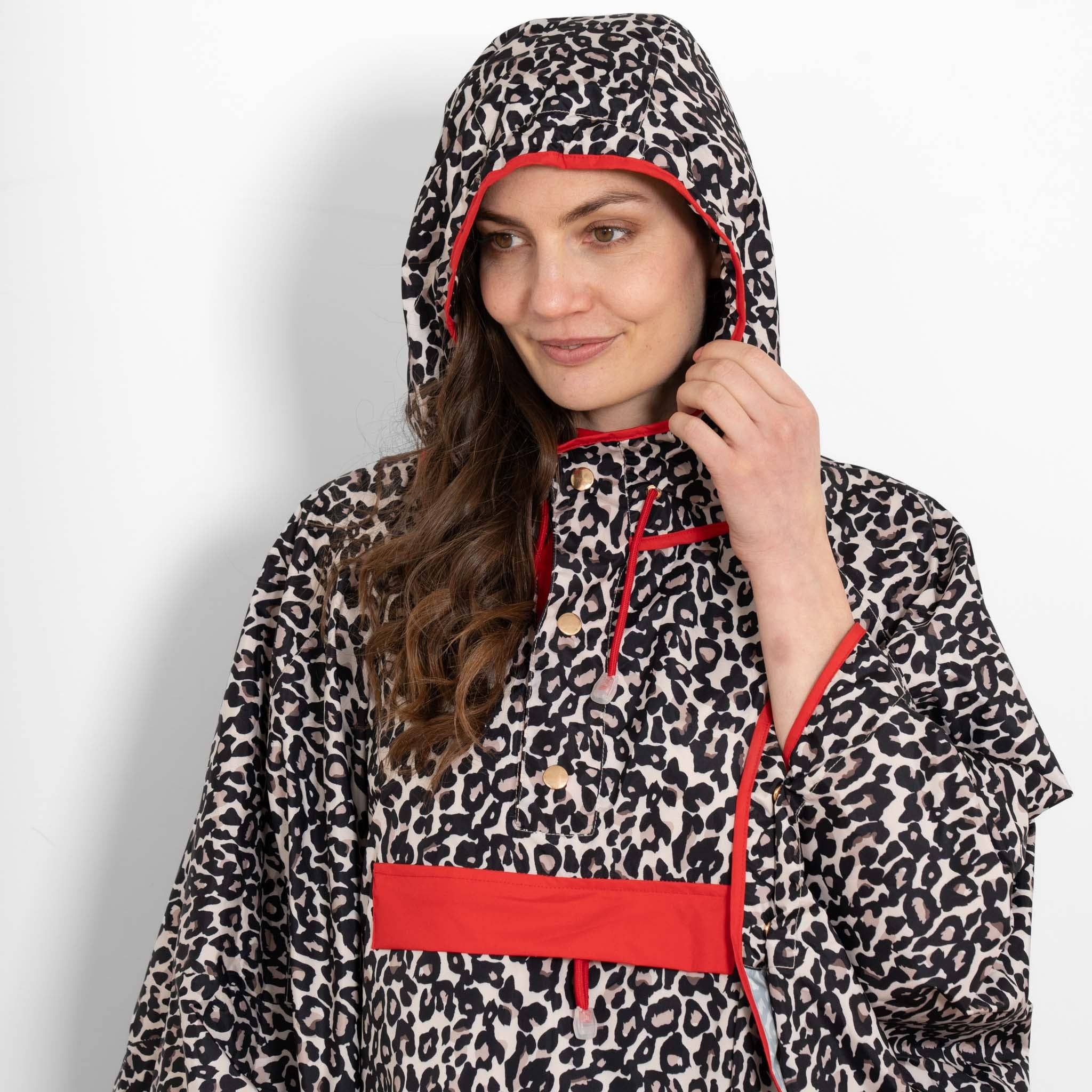 Aspen Waterproof Rain Poncho - Cream/Red, Leopard Print: One-size (UK 8-22)
