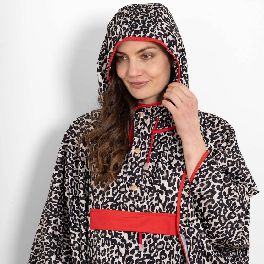 Aspen Waterproof Rain Poncho - Cream/Red, Leopard Print: One-size (UK 8-22)
