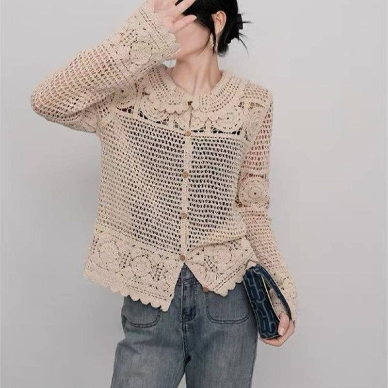 Elegant Beige Guipure Lace Button-Up Cardigan
