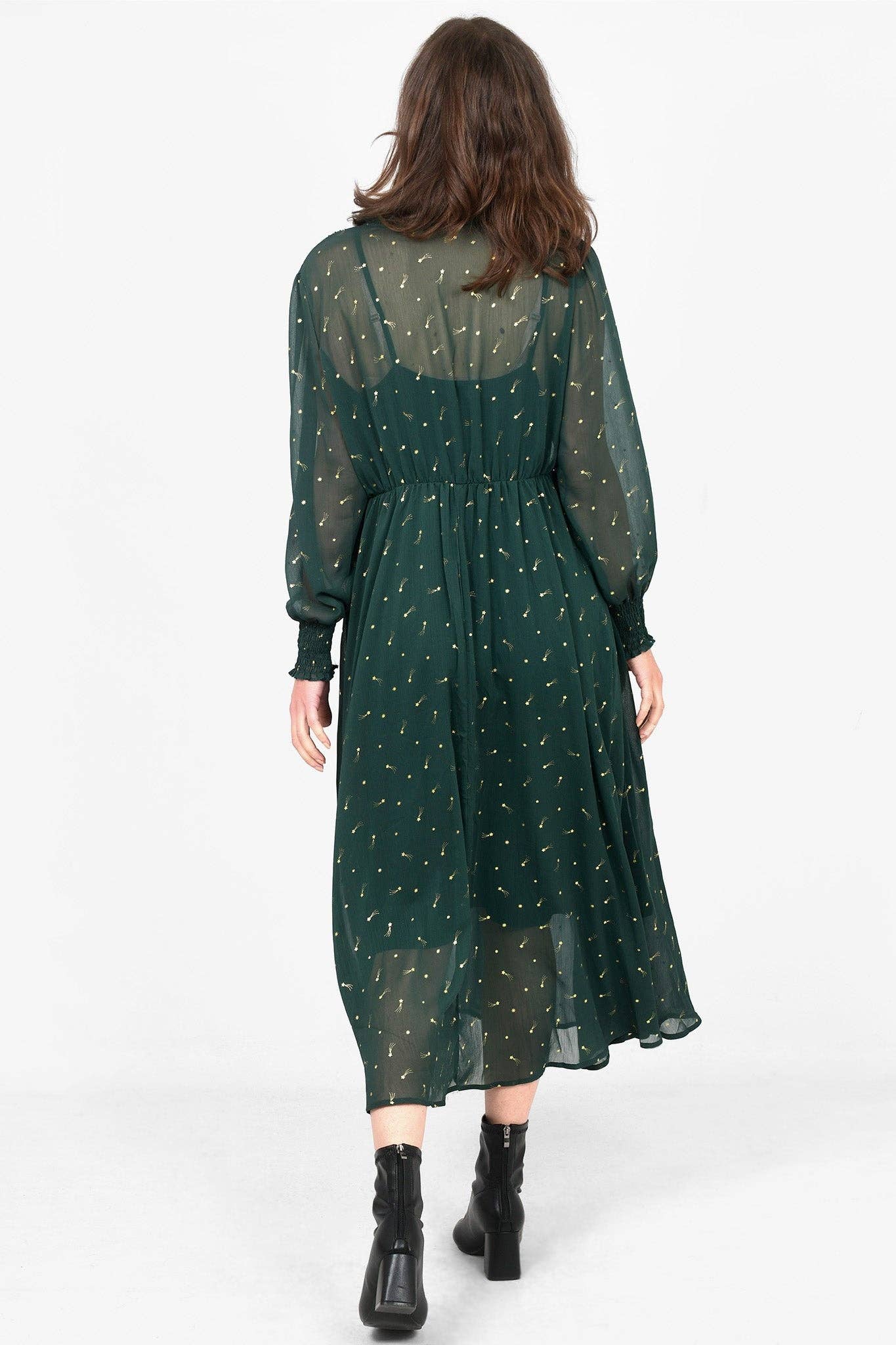 Shirred Shoulder Chiffon Midi Dress - Green, Shooting Stars: Medium (12-14)