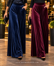 Plain Velvet Velour Wide Leg Plisse Trousers: Camel