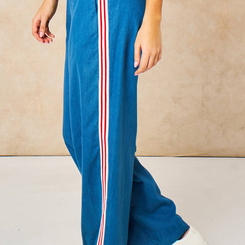 Striped Trim Wide Leg Trousers in Denim Blue