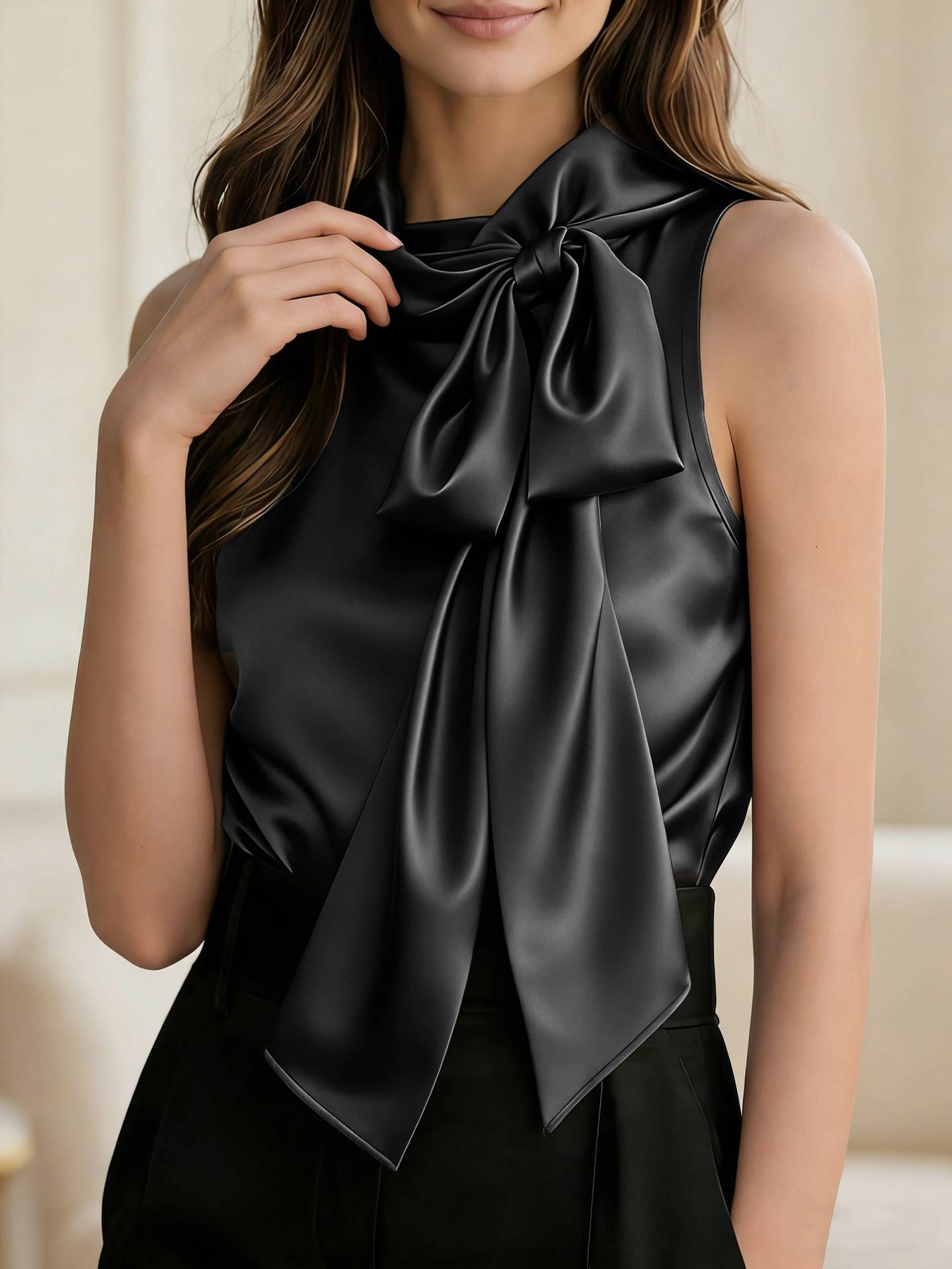 Sleeveless Satin Feel Bow Blouse: Black