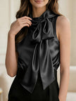 Sleeveless Satin Feel Bow Blouse: Black