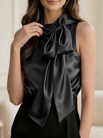 Sleeveless Satin Feel Bow Blouse: Black
