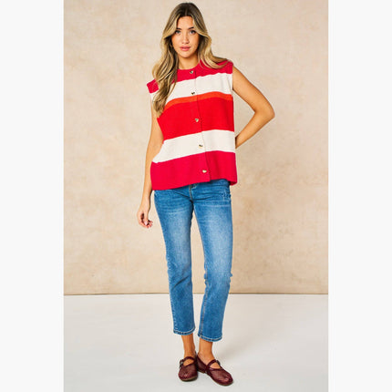 Heart Buttons Striped Sleeveless Vest in Red: One-size (UK 8-18)