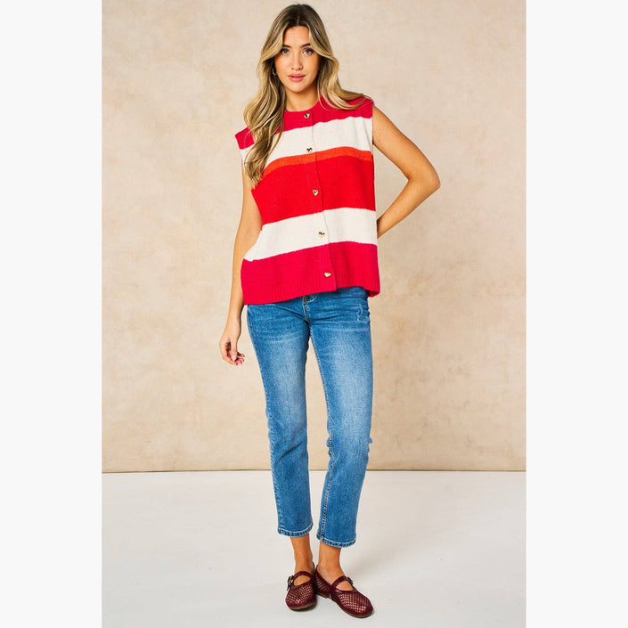 Heart Buttons Striped Sleeveless Vest in Red: One-size (UK 8-18)