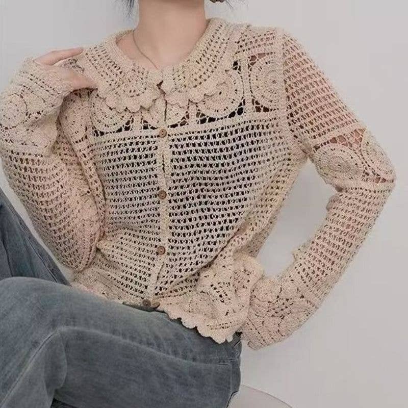 Elegant Beige Guipure Lace Button-Up Cardigan