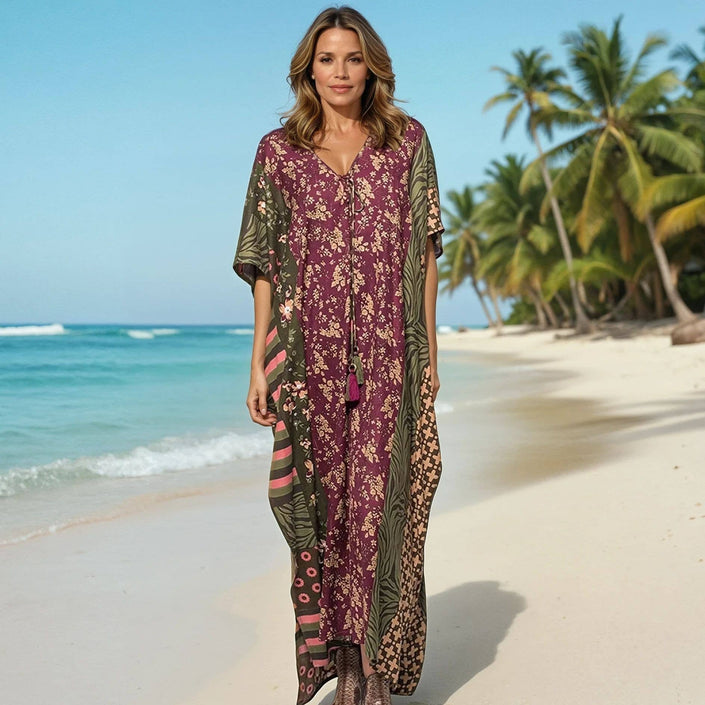 Patchwork Floral & Geometric Print Maxi Dress in Green