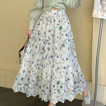 Floral Vine Embroidery Maxi Skirt: Green