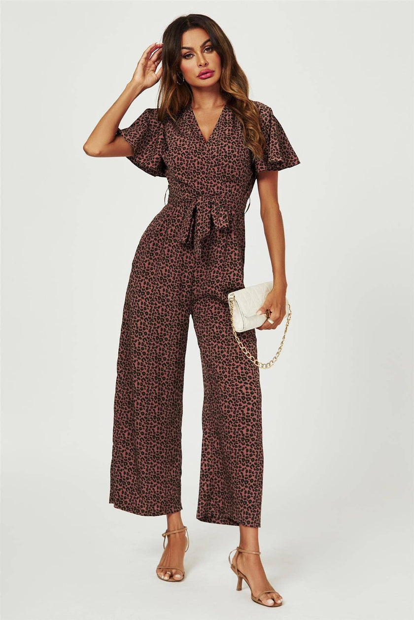 Leopard Print Wrap Top Jumpsuit In Rusty: Rusty / S