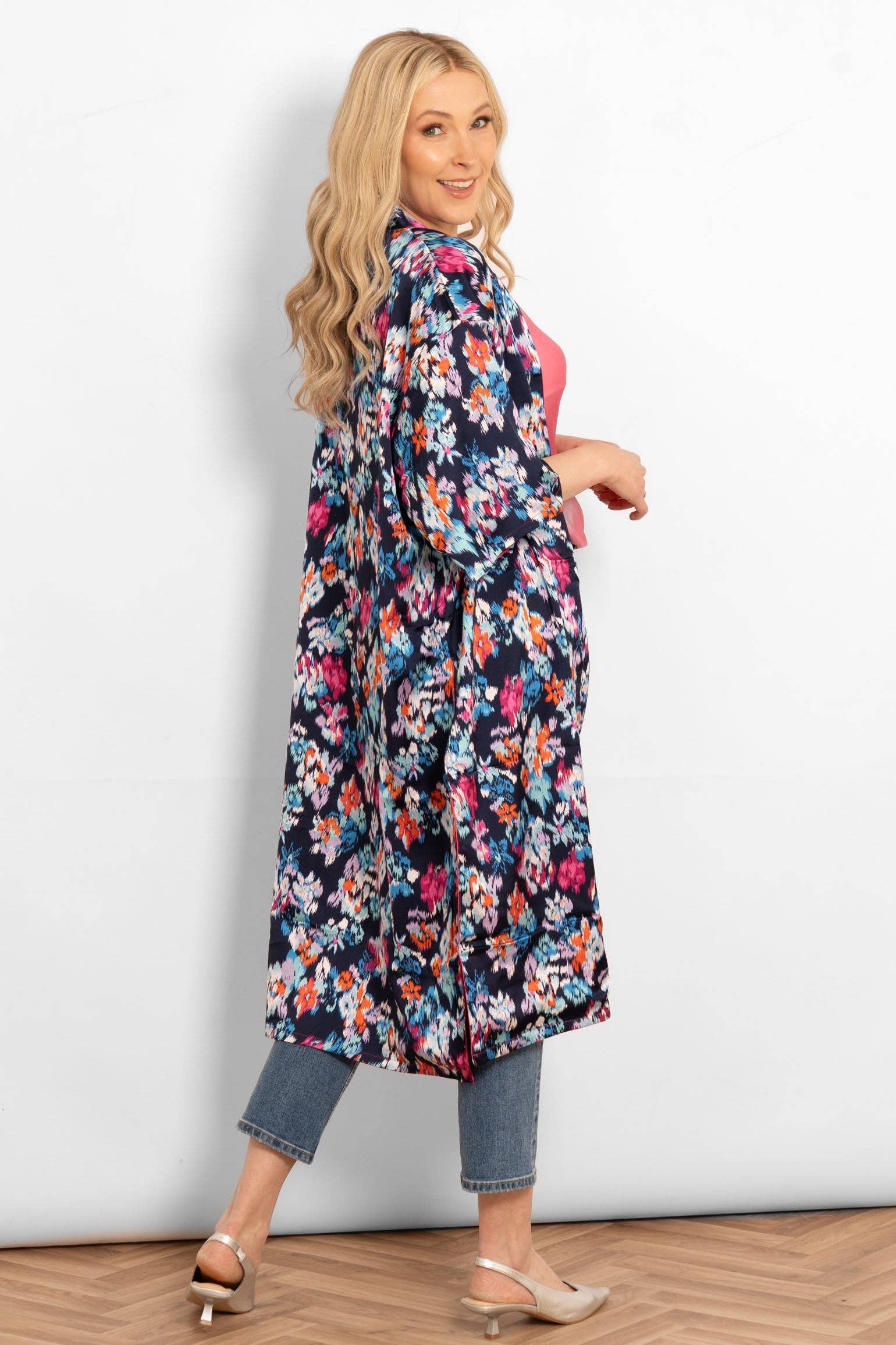 Lined Silky Mid Length Kimono Jacket -Navy Blue, Floral: One-size (UK 8-18)