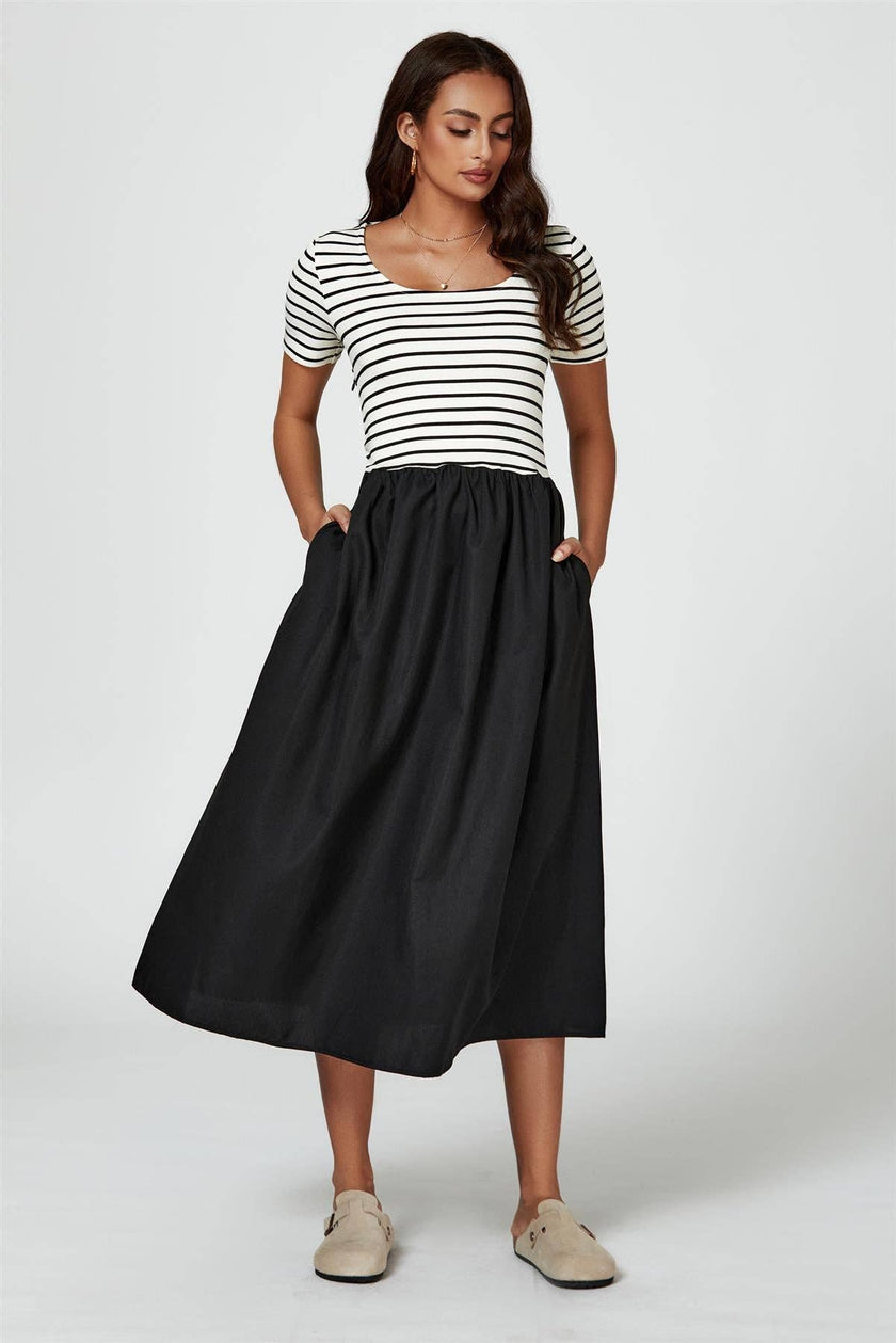 Short Sleeve Black Stripe Midi Dress In White: White / S