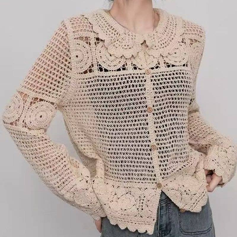 Elegant Beige Guipure Lace Button-Up Cardigan