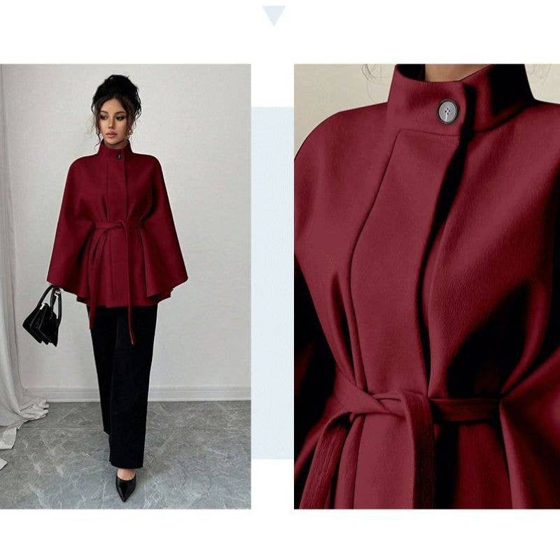 Batwing Cape Jacket with High Neck and Tie-Waist: Burgundy