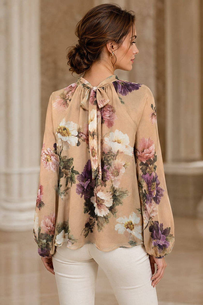 Royal Frill Silky Blouse: Beige