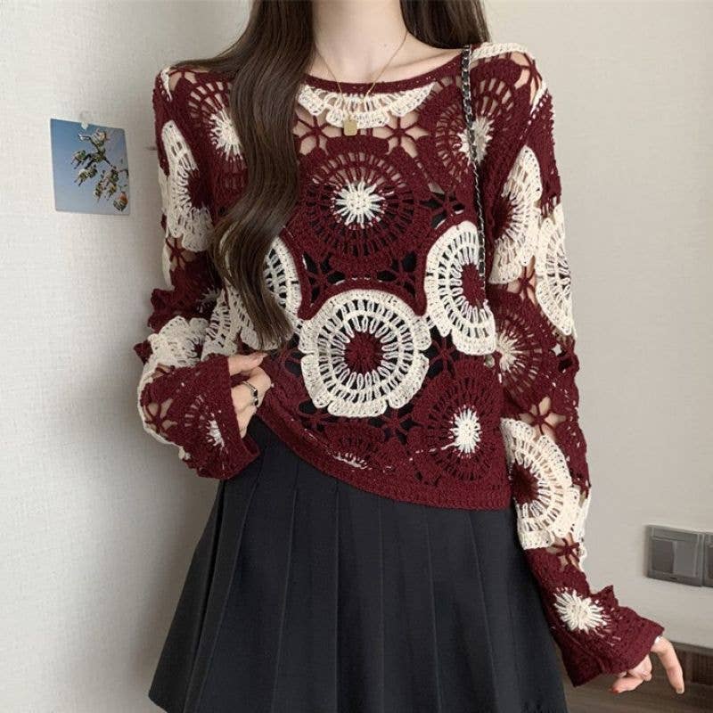Floral Medallion Crochet Knit Sweater: Burgundy