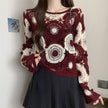 Floral Medallion Crochet Knit Sweater: Burgundy
