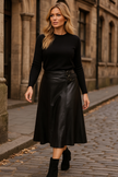PU Leather look buckle Skirt: Brown