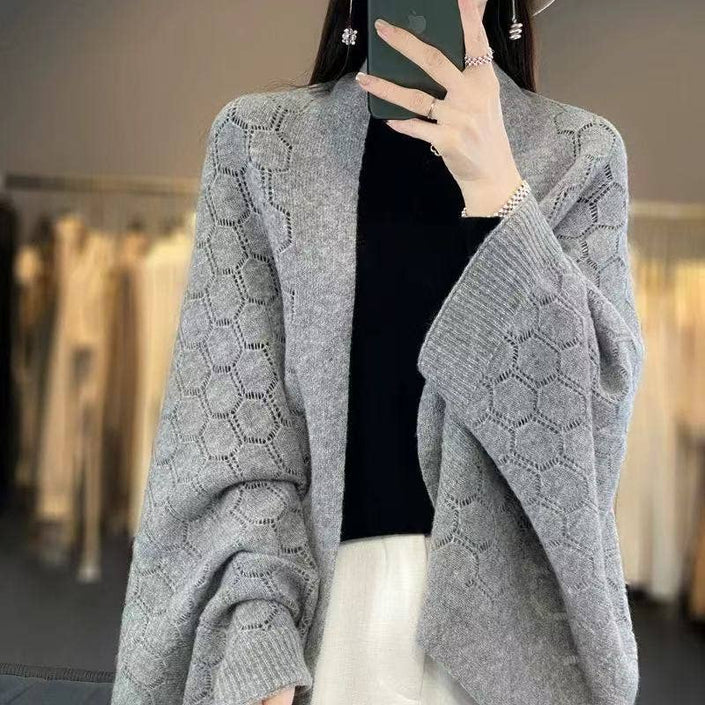 Delicate Open Knit Cape with Button Detail B032: Gray