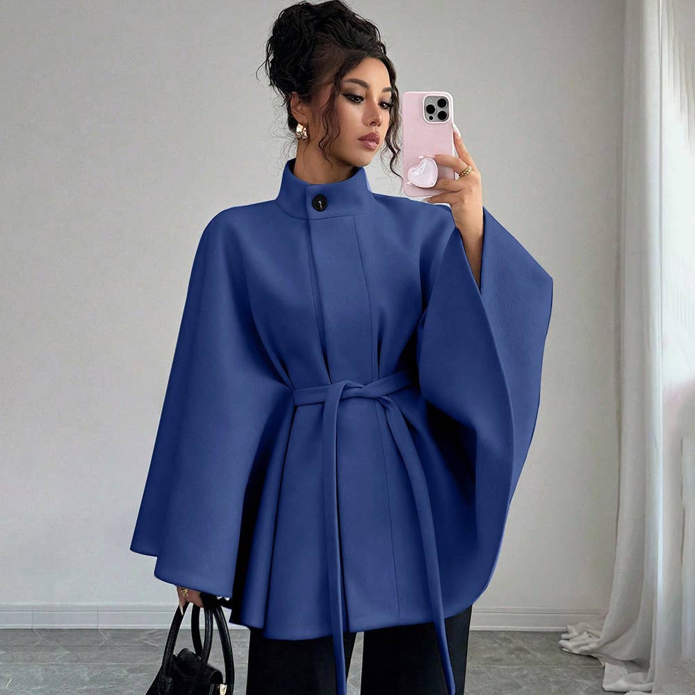 Batwing Cape Jacket with High Neck and Tie-Waist: Burgundy