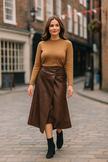 PU Leather look buckle Skirt: Brown
