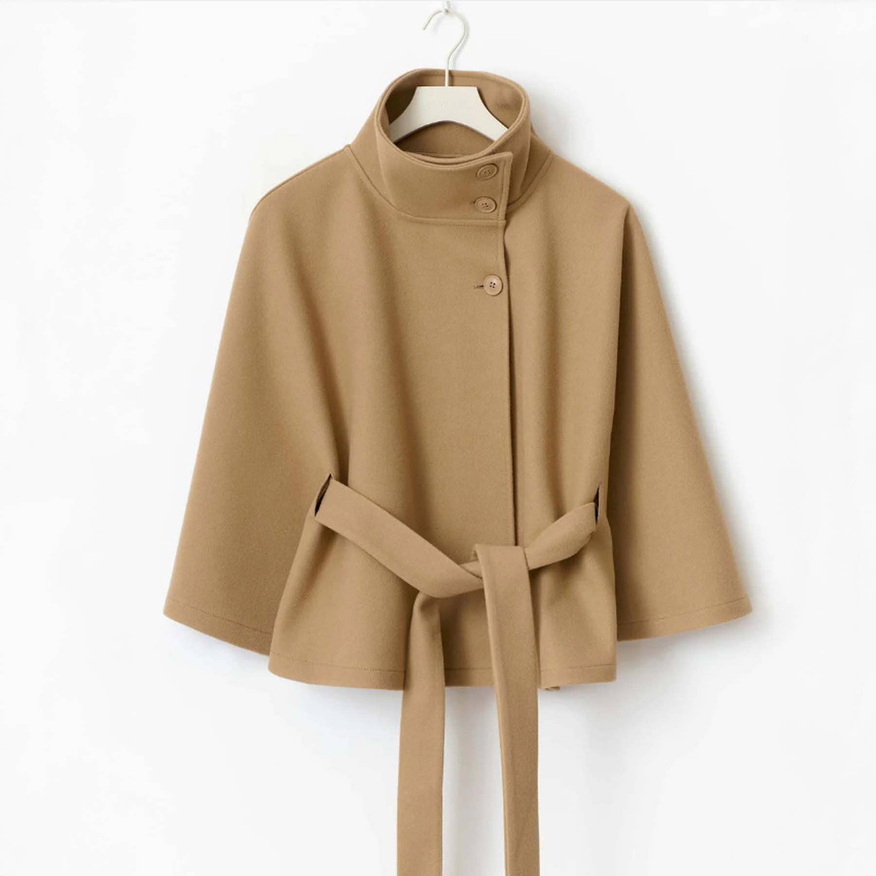 Structured Funnel Neck Belted Cape Jacket: Chocolate