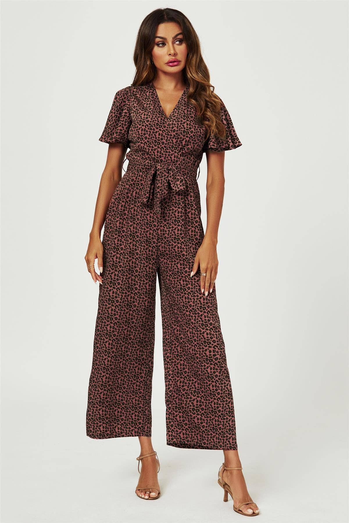 Leopard Print Wrap Top Jumpsuit In Rusty: Rusty / S