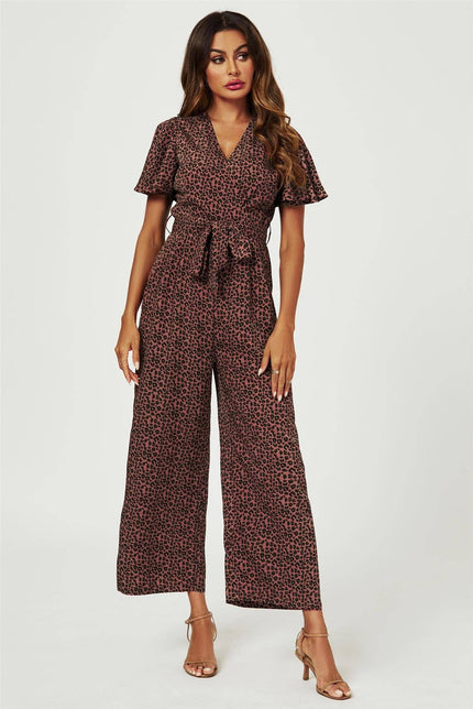 Leopard Print Wrap Top Jumpsuit In Rusty: Rusty / S