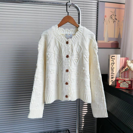 Boho Textured Cable Knit Cardigan: Cream