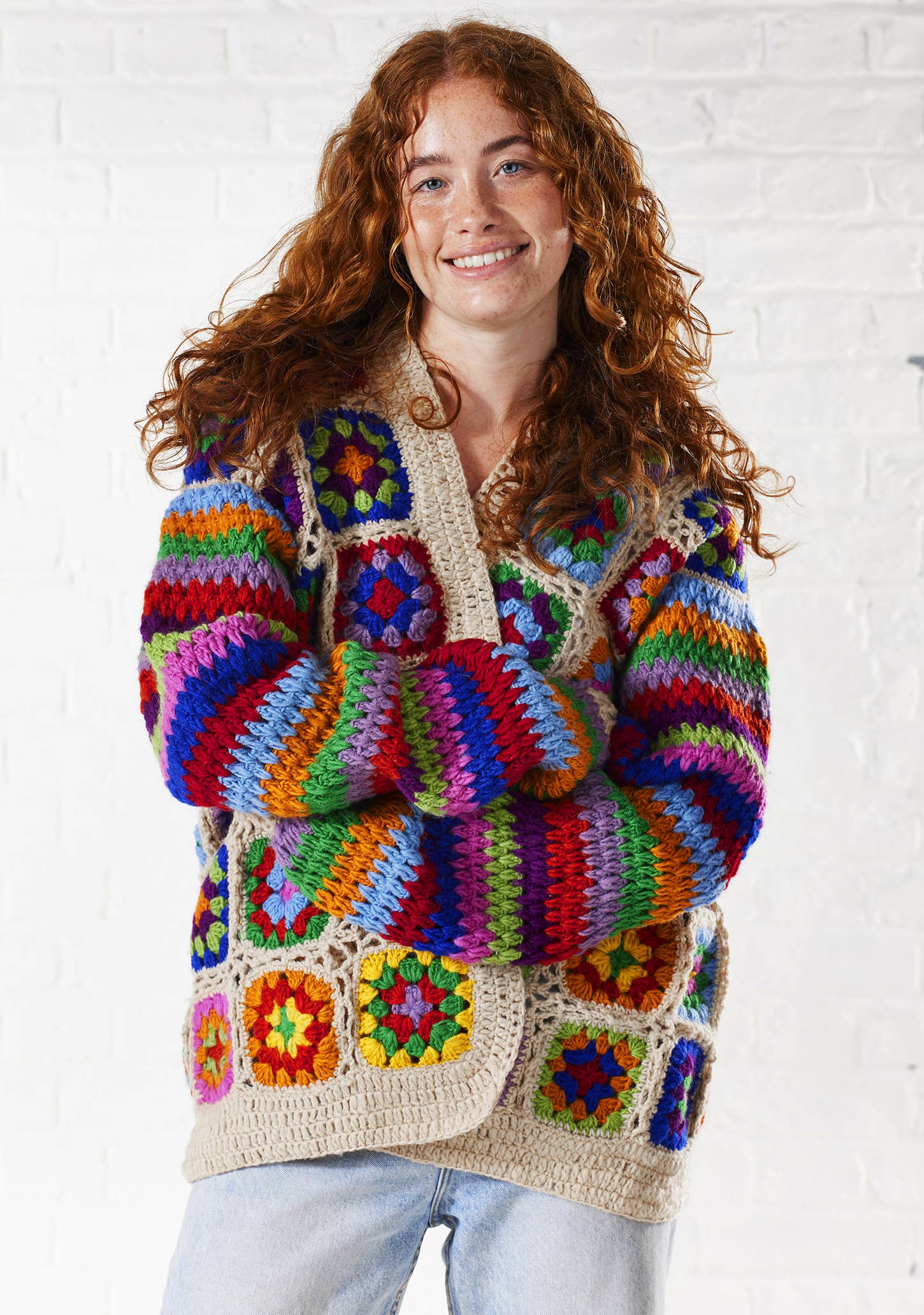Crochet Rainbow Cardigan: Cream(C)