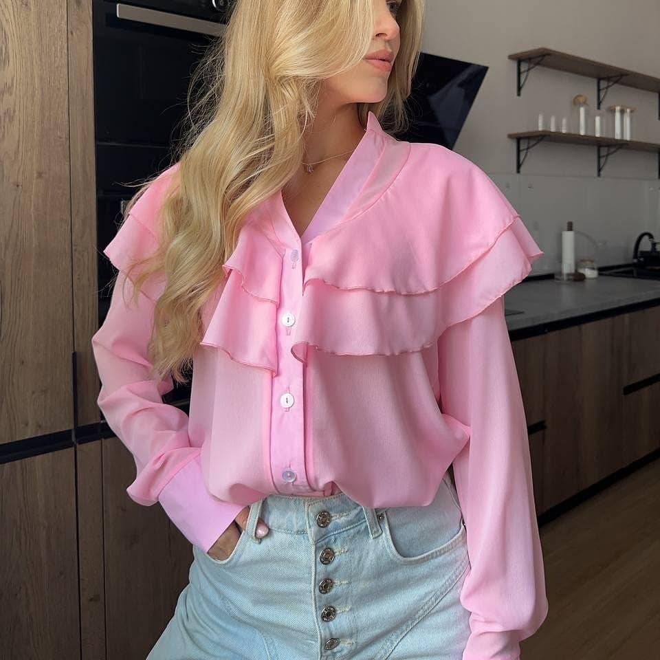 Long Sleeve Ruffle Tiered Blouse: Pink