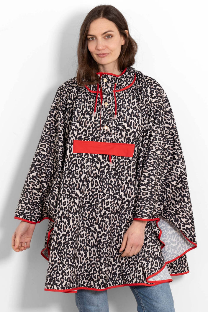 Aspen Waterproof Rain Poncho - Cream/Red, Leopard Print: One-size (UK 8-22)