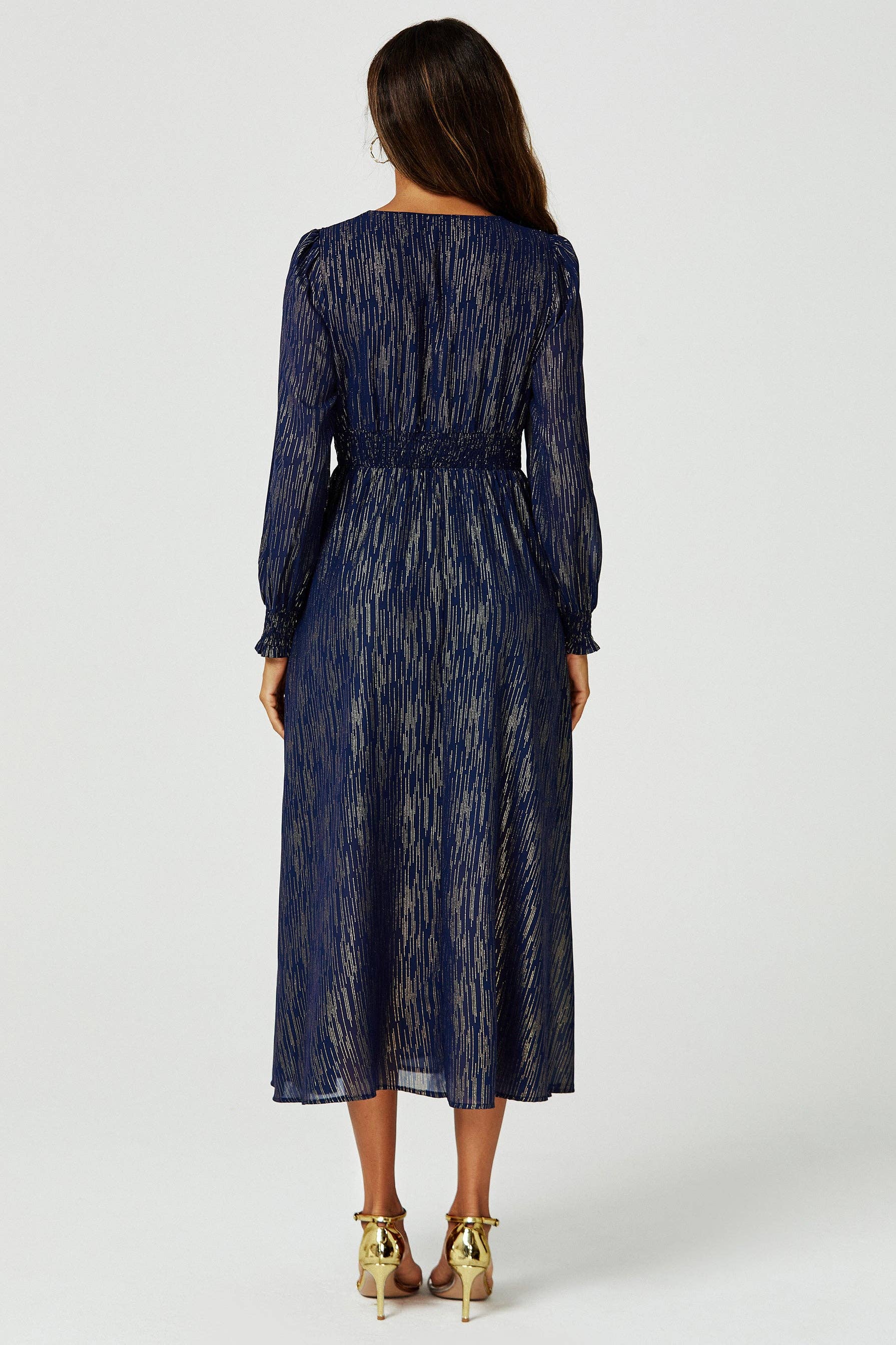 Gold Stripe Foil Long Sleeve Maxi Dress In Navy: Navy / M