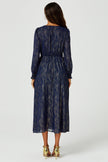 Gold Stripe Foil Long Sleeve Maxi Dress In Navy: Navy / M