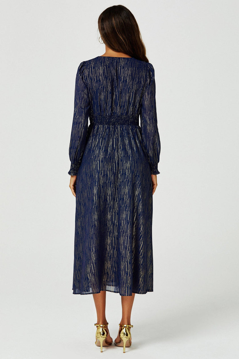Gold Stripe Foil Long Sleeve Maxi Dress In Navy: Navy / M