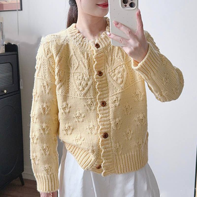 Boho Textured Cable Knit Cardigan: Cream