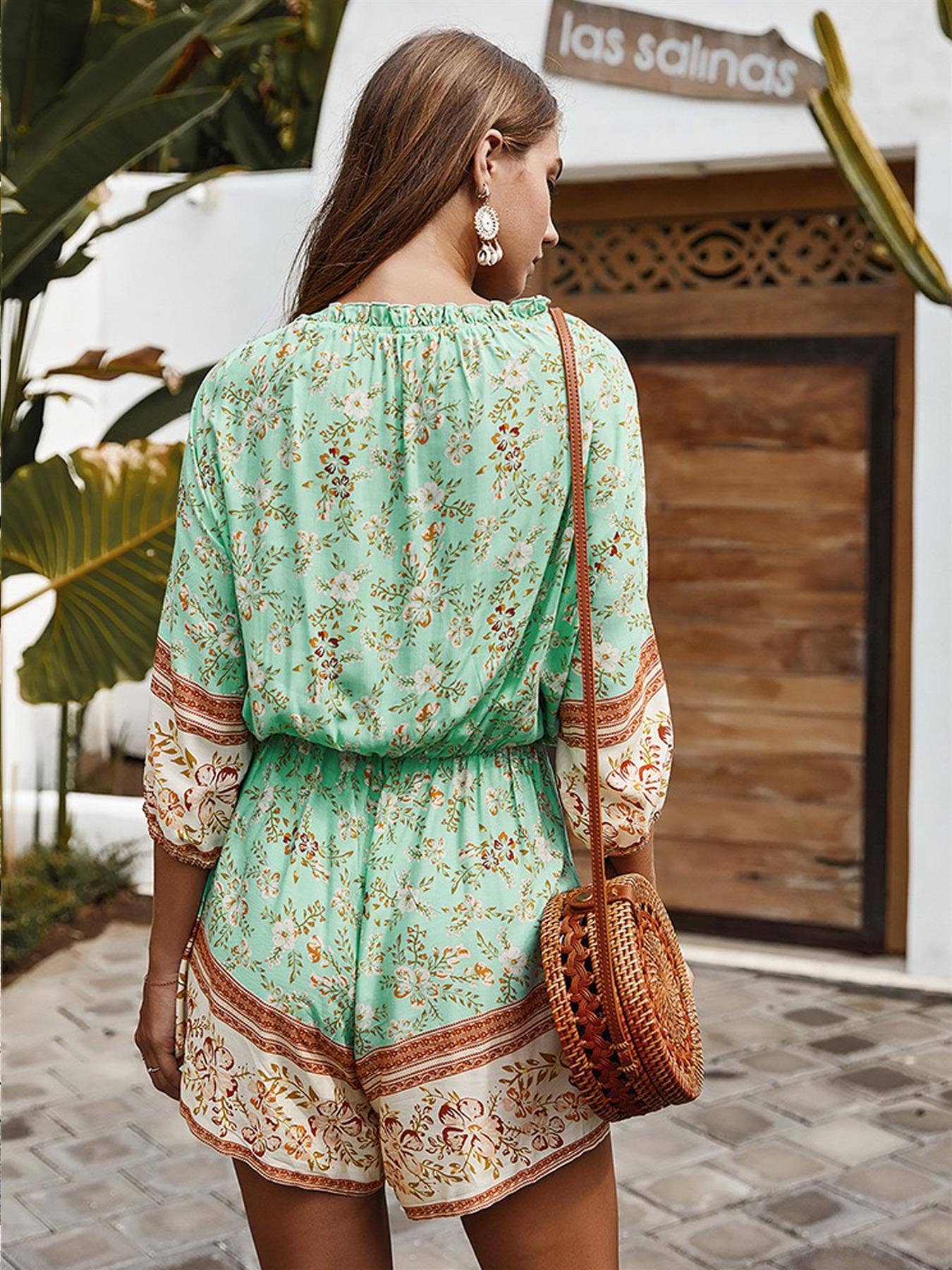 Boho Playsuit With Buttons In Mint Green & Chocolate Floral: Mint