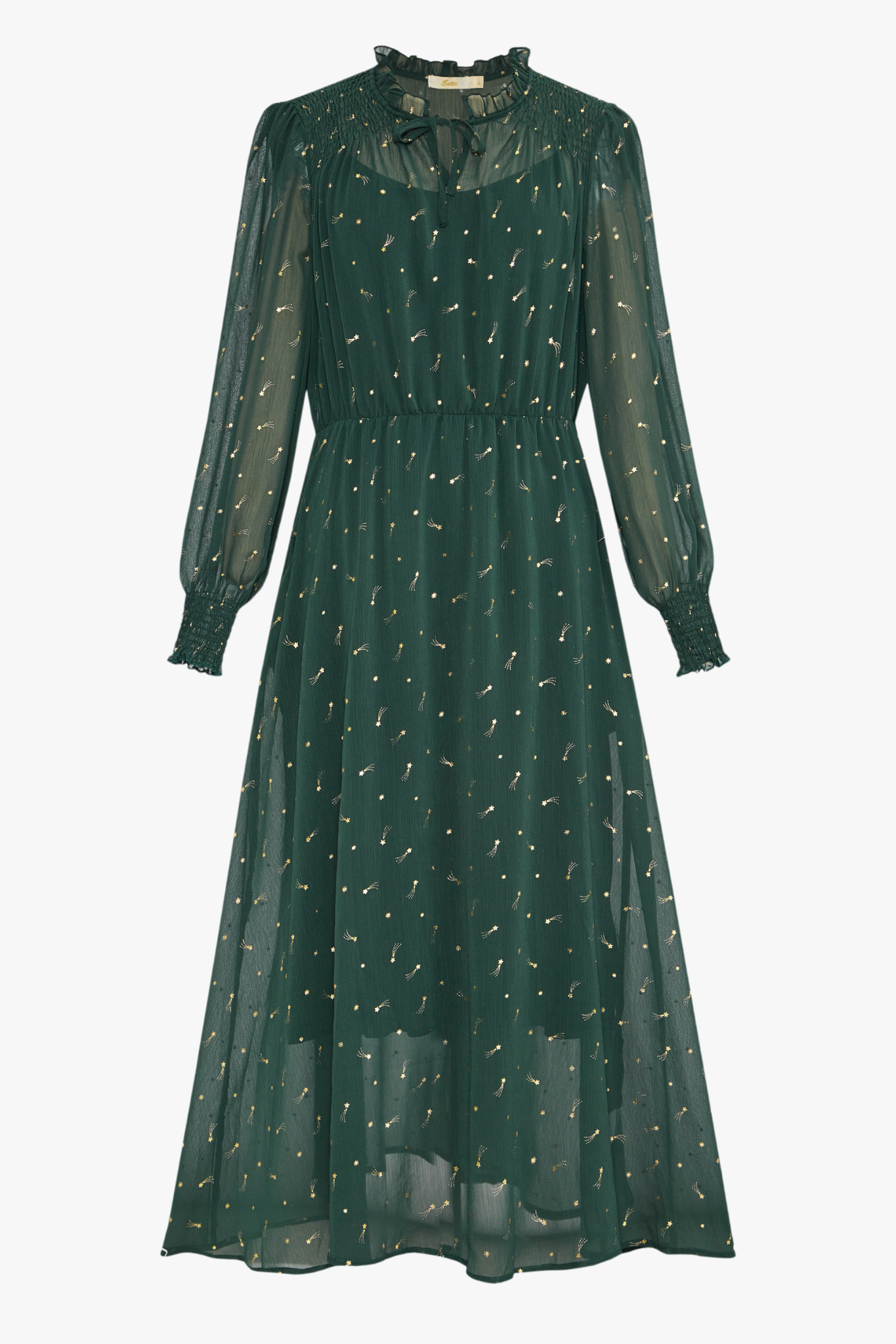 Shirred Shoulder Chiffon Midi Dress - Green, Shooting Stars: Medium (12-14)