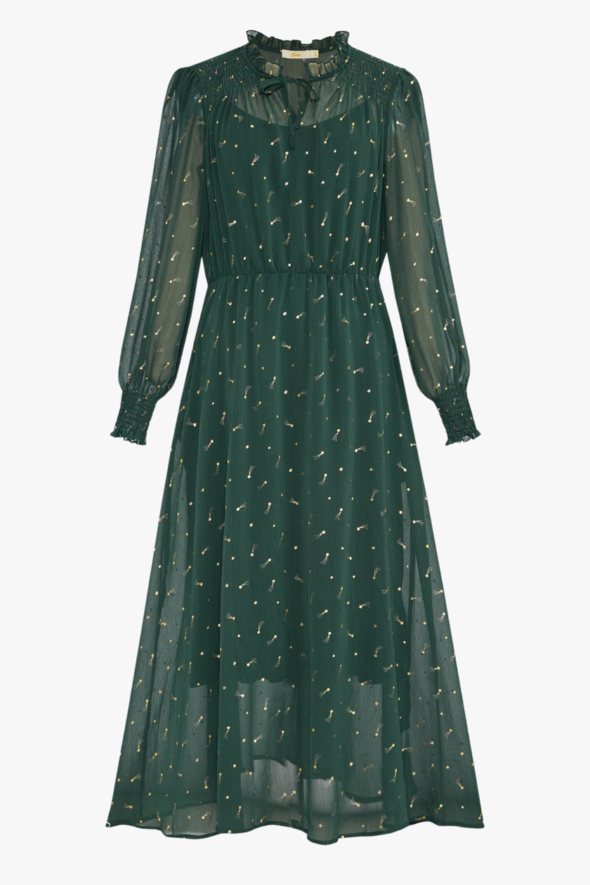 Shirred Shoulder Chiffon Midi Dress - Green, Shooting Stars: Medium (12-14)