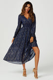 Gold Stripe Foil Long Sleeve Maxi Dress In Navy: Navy / M