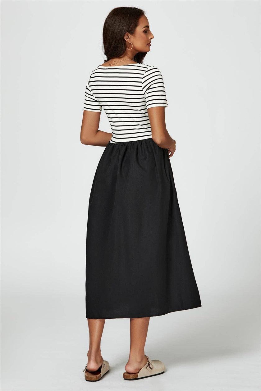 Short Sleeve Black Stripe Midi Dress In White: White / S