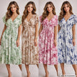 Tye Dye V Neck Button Rouched Midi Dress: Pink