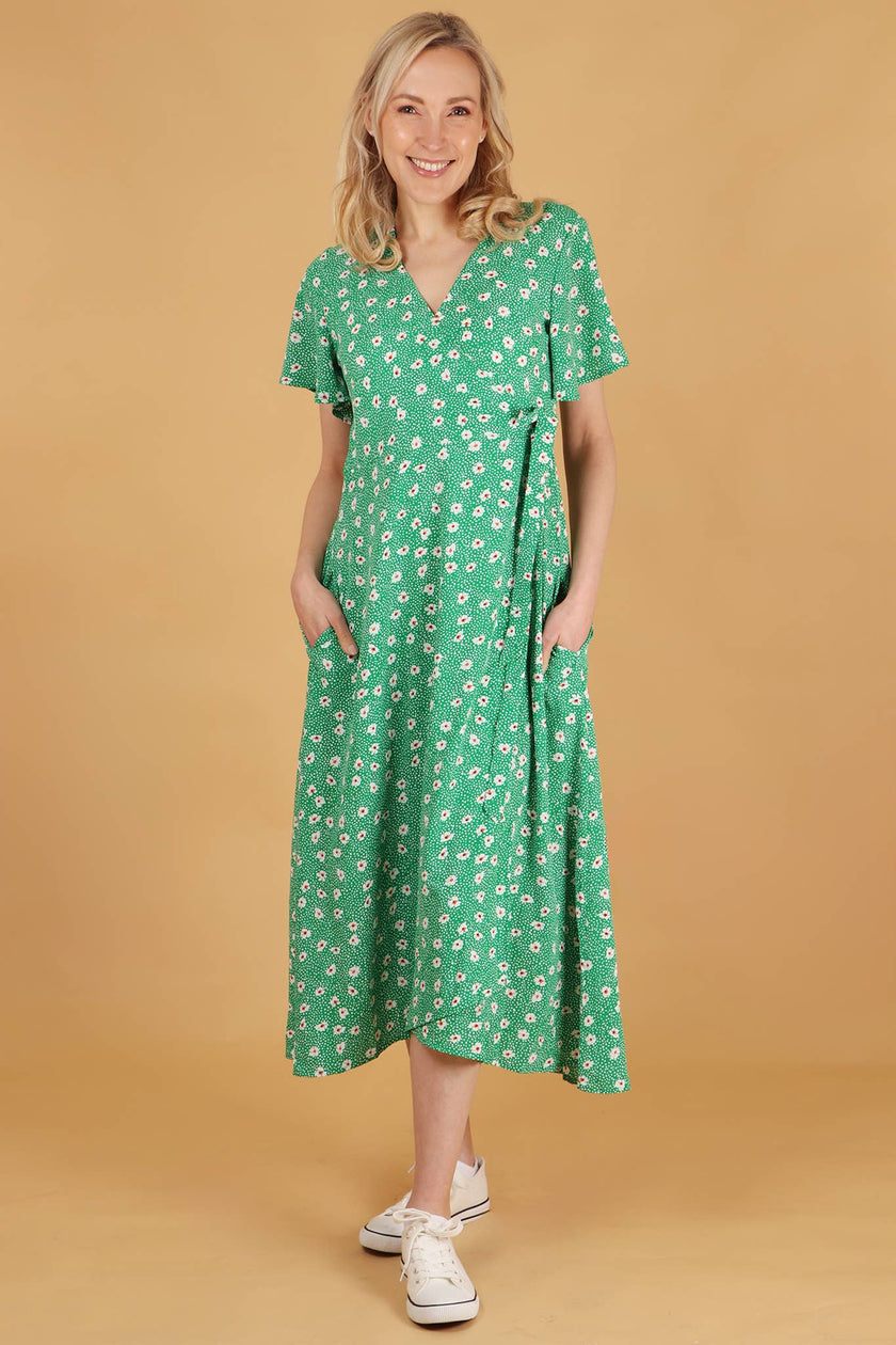 Spotted Daisy Print Short Sleeve Maxi Wrap Dress in Green: Small (8-10)