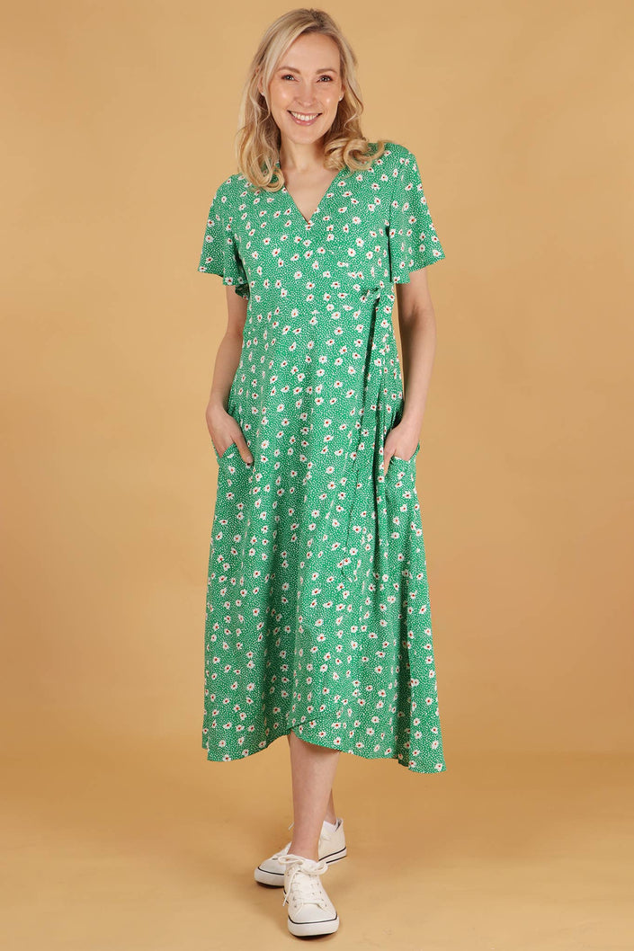 Spotted Daisy Print Short Sleeve Maxi Wrap Dress in Green: Medium (12-14)
