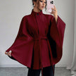 Batwing Cape Jacket with High Neck and Tie-Waist: Burgundy