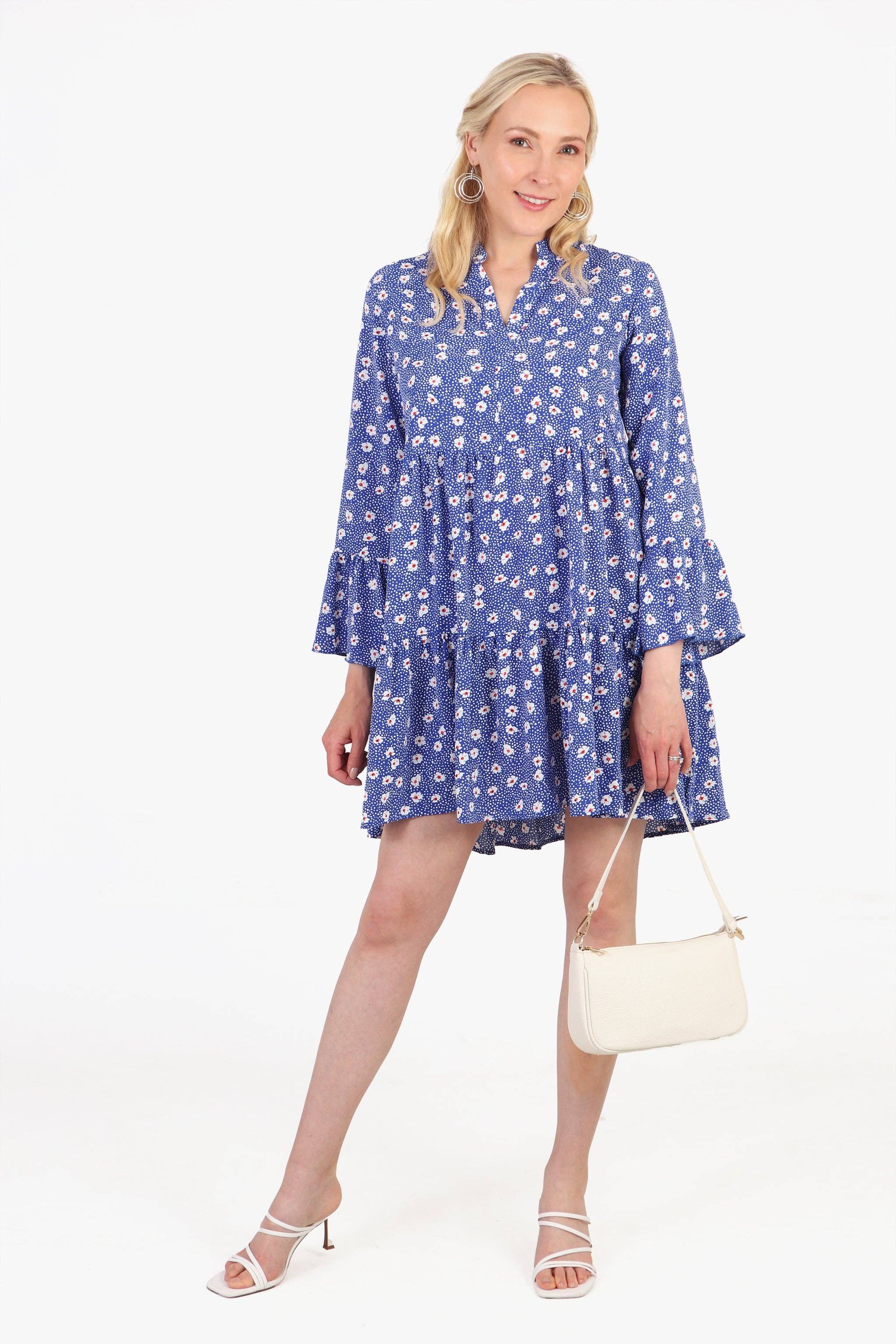 Alison Tiered Mini Dress - Blue, Spotted Daisy: Small (8-10)