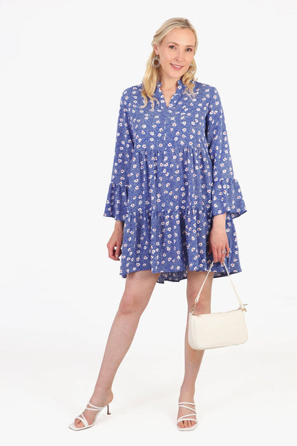 Alison Tiered Mini Dress - Blue, Spotted Daisy: Medium (12-14)