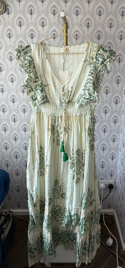 The Egyptian Ruffle Shoulder Maxi Dress: Green