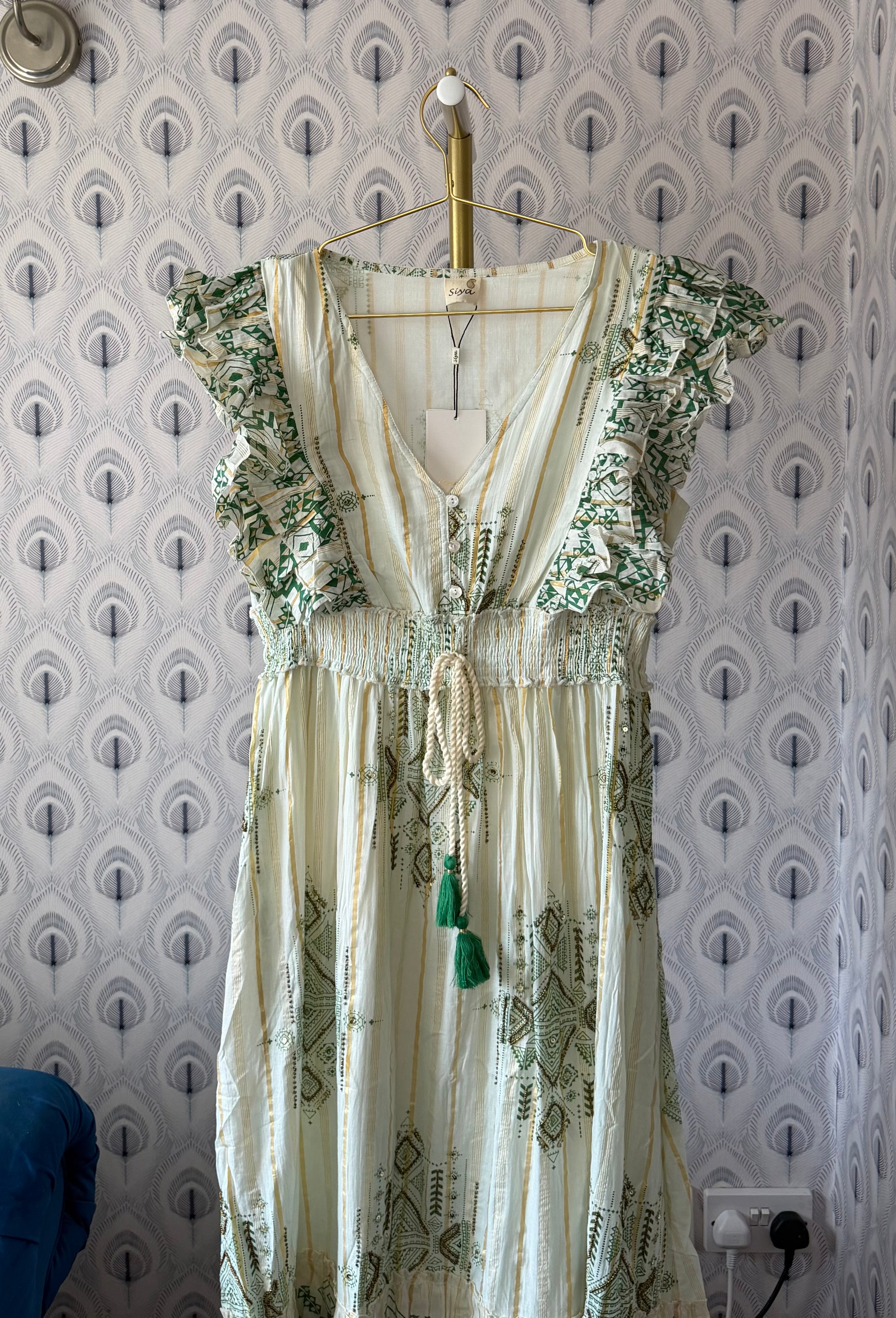 The Egyptian Ruffle Shoulder Maxi Dress: Green